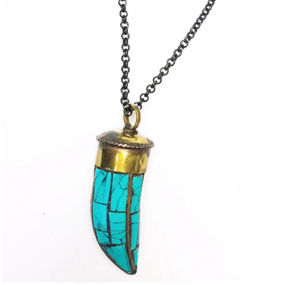 JUNIM Women's Horn Pendant Necklace Boho Turquoise Brass Gold‎ OS